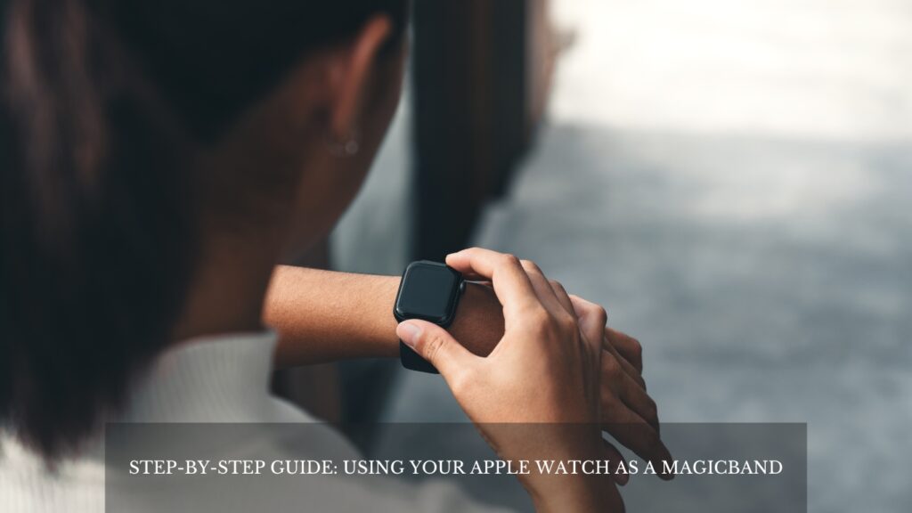 women checking her apple wath band outside disney park