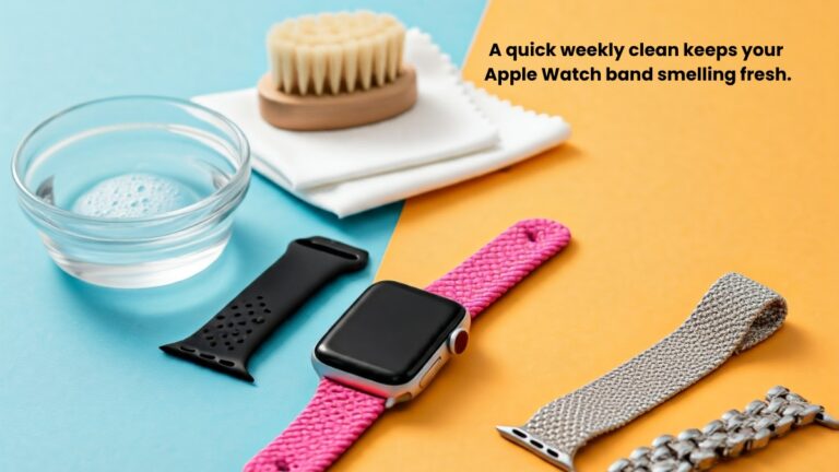 different types of apple watch band with cleaning agent ina bowl, a cloth and a brush