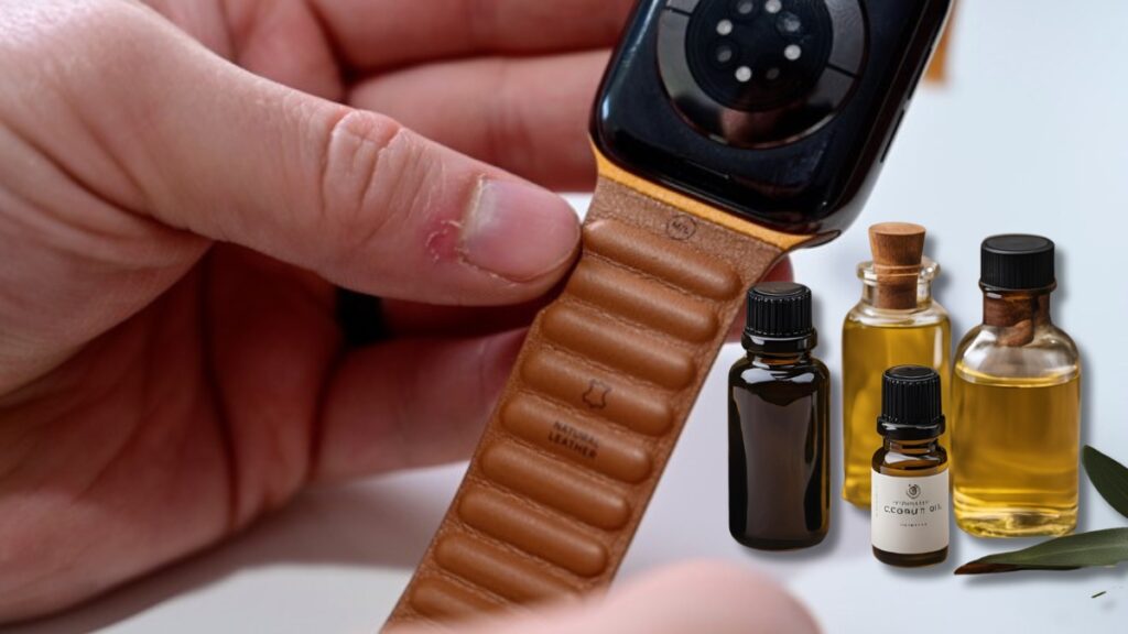 apple leather watch band in a hand and some essential oils for cleaning it in background