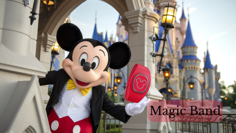 Apple watch vs Magic band. A Disney World background with a Mickey Mouse character showcasing a MagicBand