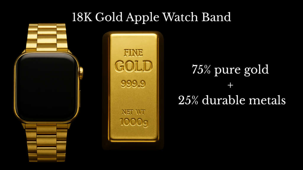 18K Gold Apple Watch Band made with 75% pure gold and 25% durable metals, shown with a gold bar.
