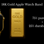 18K Gold Apple Watch Band made with 75% pure gold and 25% durable metals, shown with a gold bar
