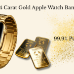 24K Gold Apple Watch band with black dial displayed alongside gold bars, highlighting 99.9% pure gold quality