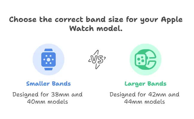Apple Watch band size guide comparing smaller bands for 38mm/40mm and larger bands for 42mm/44mm models