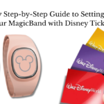 Two Disney MagicBands in pink and beige sit beside colorful Walt Disney World tickets featuring Mickey Mouse and other characters.