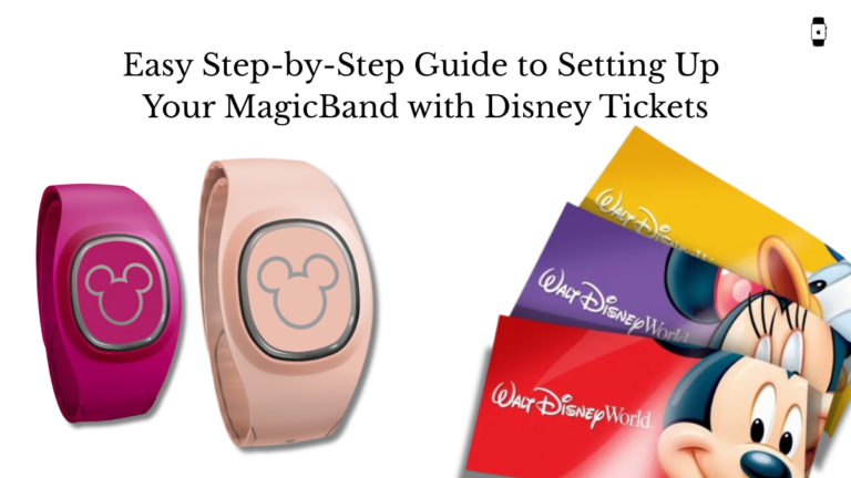 Two Disney MagicBands in pink and beige sit beside colorful Walt Disney World tickets featuring Mickey Mouse and other characters.