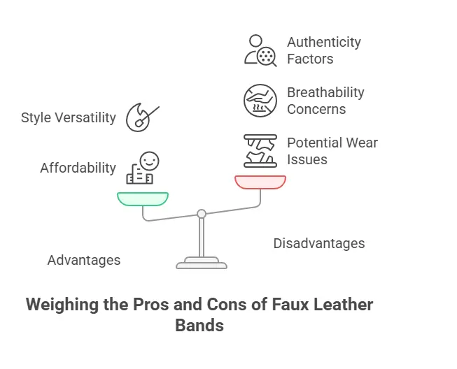 Pros and cons of faux leather bands showing advantages like affordability and style versus drawbacks like breathability and wear issues.