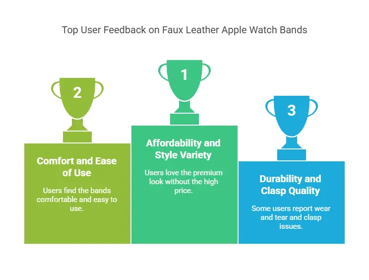 Top user feedback on faux leather Apple Watch bands: affordability ranks first, followed by comfort, with durability concerns in third.