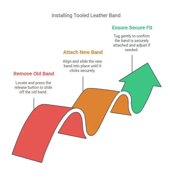 Three-step guide to installing a tooled leather band: remove old band, attach new band, and ensure secure fit.