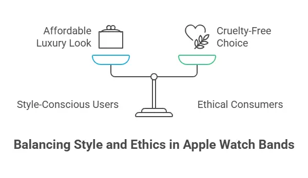 Balancing style and ethics in Faux leather Apple Watch bands with affordable luxury for style-conscious users and cruelty-free options for ethical consumers.