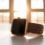 Stylish Apple Watch with a woven Brighton band placed on a sunlit table near a window.