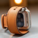 Close-up of a vegan leather Apple Watch band with detailed stitching, wrapped around an Apple Watch on a smooth surface.