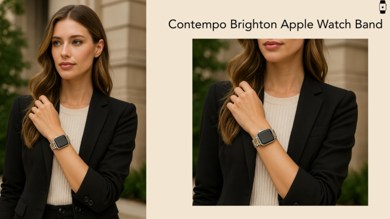 Woman wearing an Apple Watch with Brighton’s Contempo silver and gold link band, styled in a black blazer.