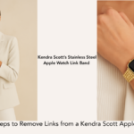 Model wearing a Kendra Scott Apple Watch Band stainless steel in gold, showcasing steps to remove band links.