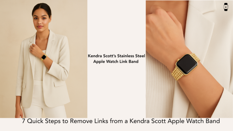 Model wearing a Kendra Scott Apple Watch Band stainless steel in gold, showcasing steps to remove band links.
