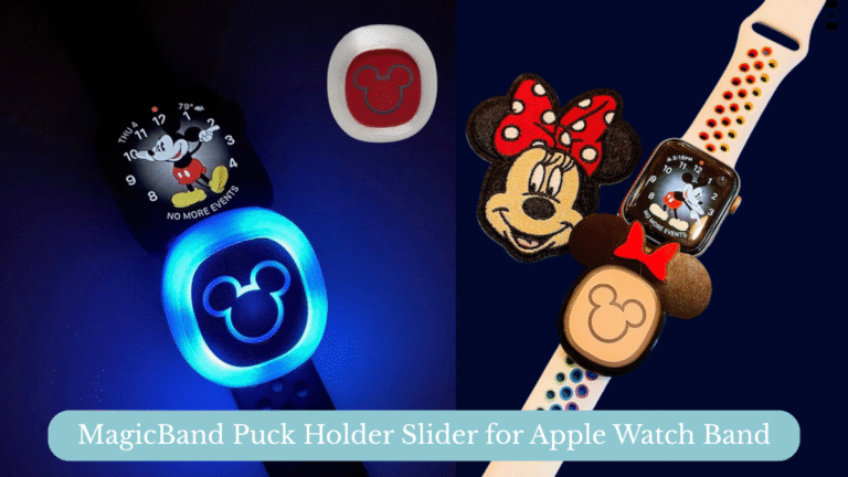 MagicBand puck holders attached to Apple Watch bands, featuring glowing Mickey icon and Minnie Mouse design.