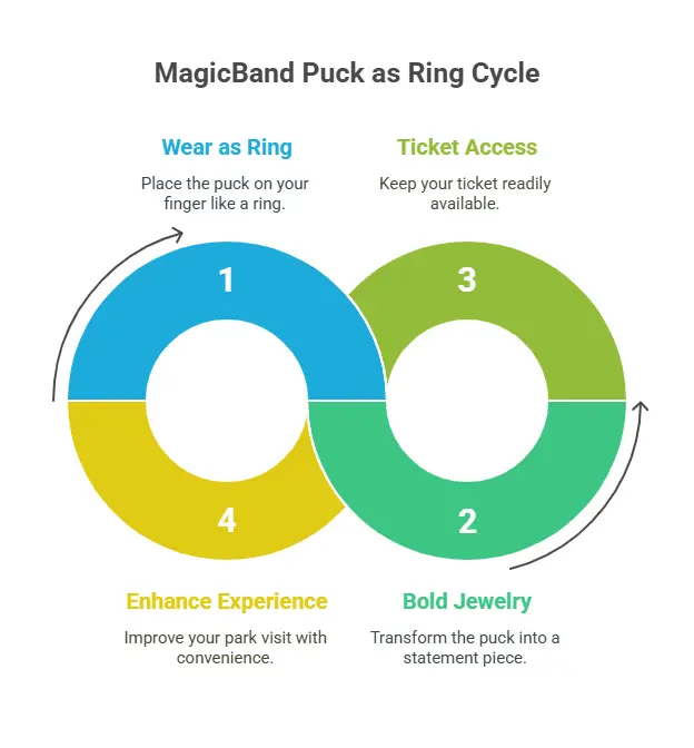 Infographic showing the MagicBand puck ring cycle with four uses: wear as ring, bold jewelry, ticket access, and enhanced park experience.