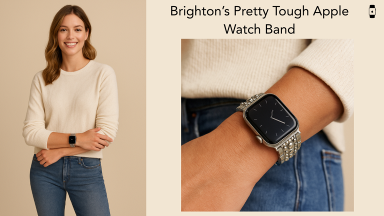 Woman wearing an Apple Watch with Brighton’s Pretty Tough silver band featuring studded details.