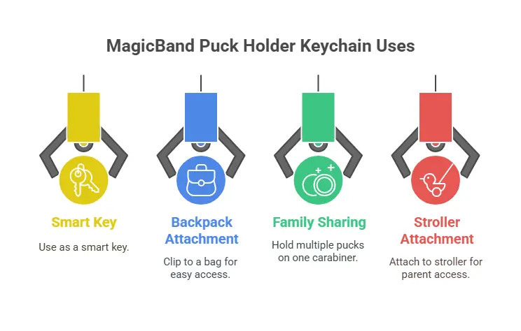 Illustration showing four uses for MagicBand puck holder keychains: smart key, backpack attachment, family sharing, and stroller attachment.