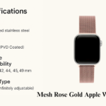 mesh rose gold apple watch band displayed with specifications for size and material details.