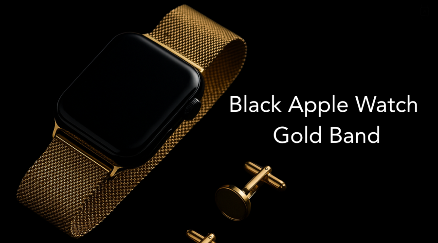 Black Apple Watch with gold mesh band and matching gold cufflinks on black background.