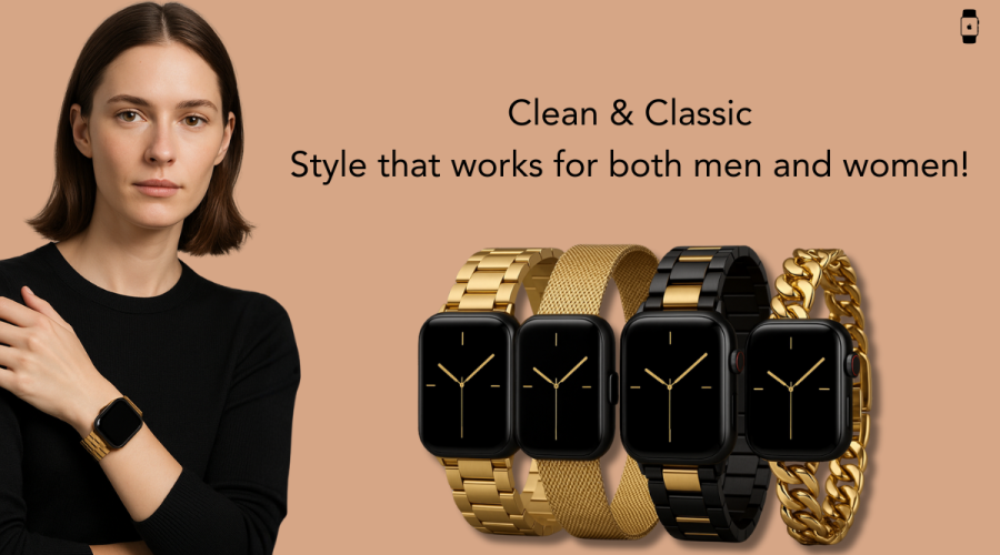 Woman wearing black Apple Watch with gold band, displayed alongside four stylish gold and black Apple Watch bands for men and women.