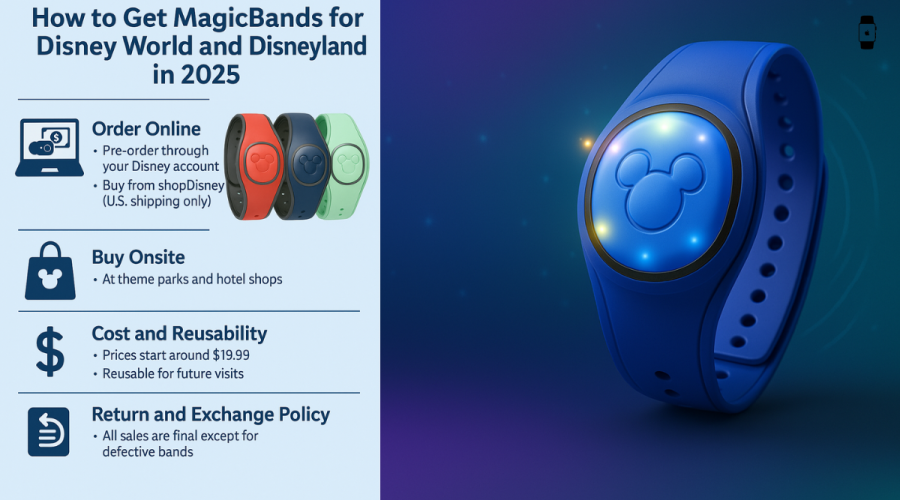 Infographic showing four colored MagicBands and a glowing blue MagicBand.