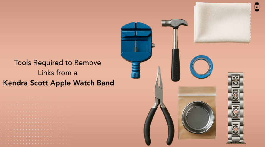 A set of tools designed for Kendra Scott Apple Watch band removal, featuring a pin pusher and screwdriver on a light background.