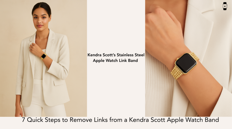 Model wearing a Kendra Scott Apple Watch Band stainless steel in gold, showcasing steps to remove band links.
