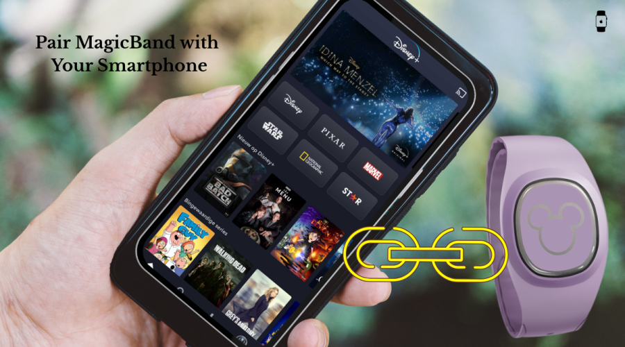 Image showing pairing of Disney MagicBand with your smartphone for seamless access to Disney tickets and experiences.