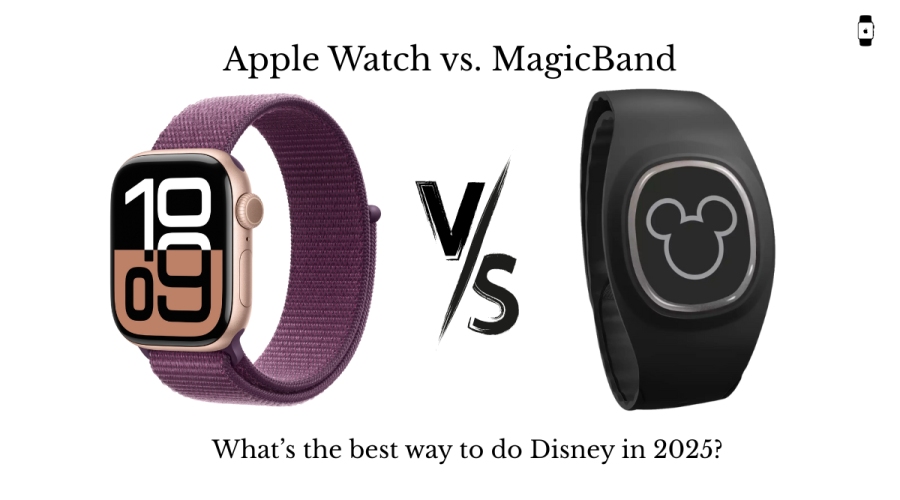 Graphical image showing Apple Watch vs. Disney MagicBand – Choosing the best wearable for Disney in 2025