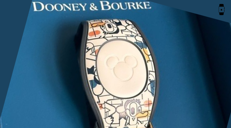 featuring a white design with classic Disney character illustrations, including Donald Duck, on a blue Dooney & Bourke packaging background.
