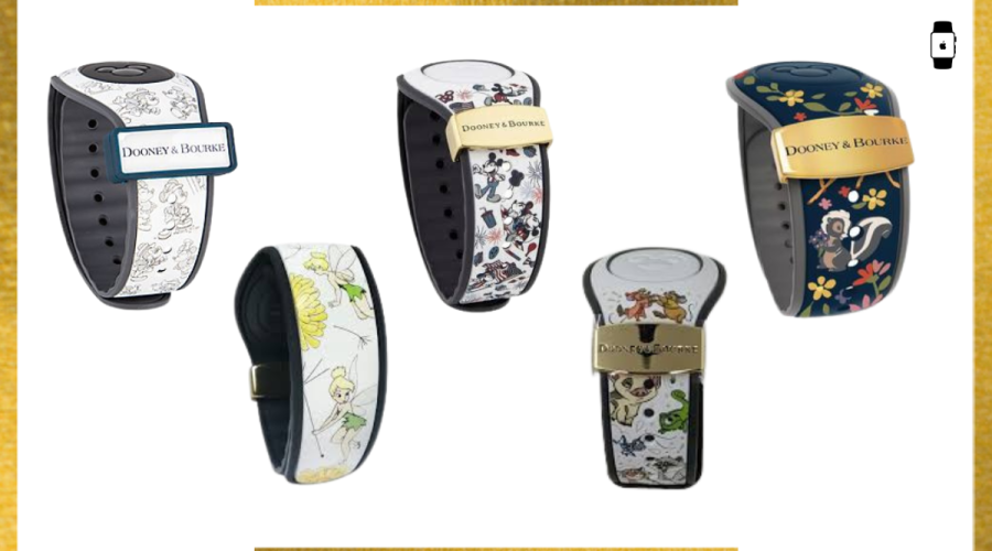 Magic band 3 featuring unique designs with classic Disney characters, including Mickey Mouse, Tinker Bell, The Lion King, and floral-themed patterns on a white and gold background