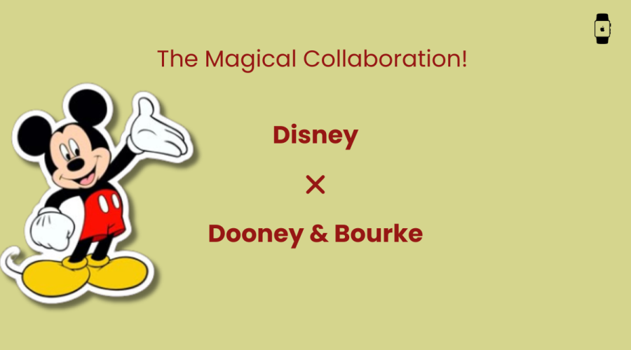 Disney magic bands Disney x Dooney & Bourke Collaboration – Featuring a classic Mickey Mouse illustration on a pastel yellow background with bold red text announcing
