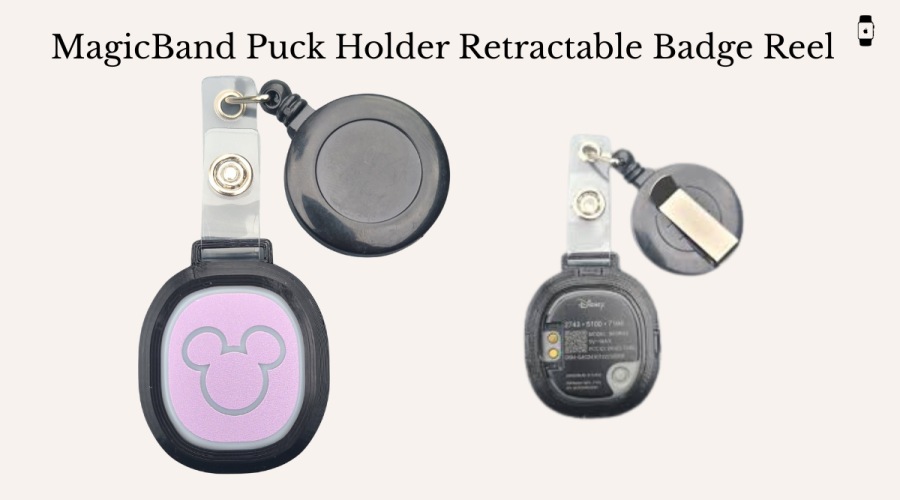 MagicBand puck holder with retractable badge reel shown from front and back views