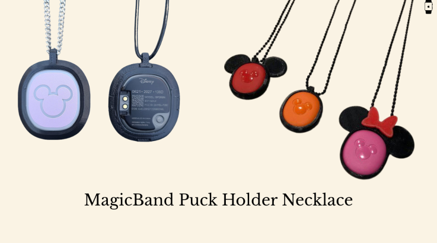 Various MagicBand puck holder necklaces in different colors and Disney-themed designs, including Mickey and Minnie shapes.