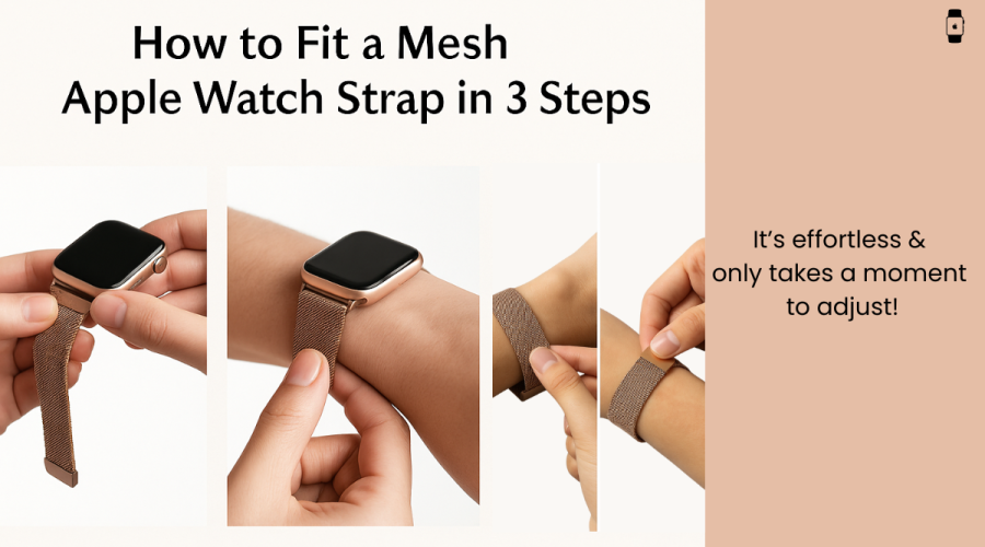 Step-by-step guide showing how to fit and adjust a mesh gold Apple Watch strap easily.
