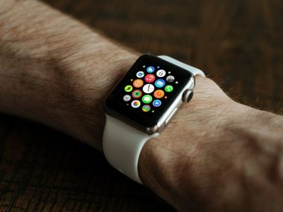 premium apple smart watch with display on and white wrist band