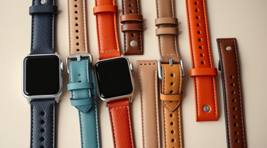 Array of top leather Apple Watch bands displayed side by side