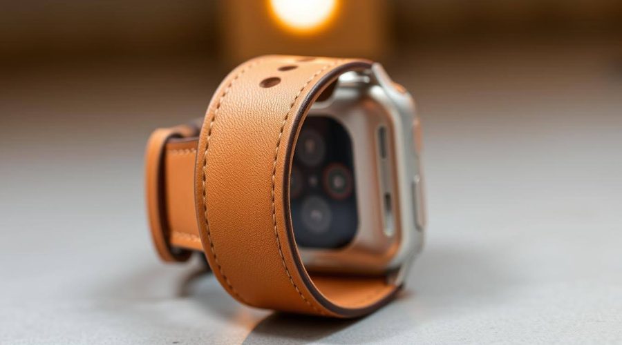 vegan leather Close-up of a vegan leather Apple Watch band with detailed stitching, wrapped around an Apple Watch on a smooth surface.